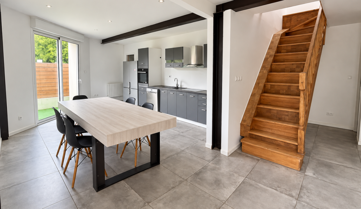 Cuisine-salle à manger et escalier en bois